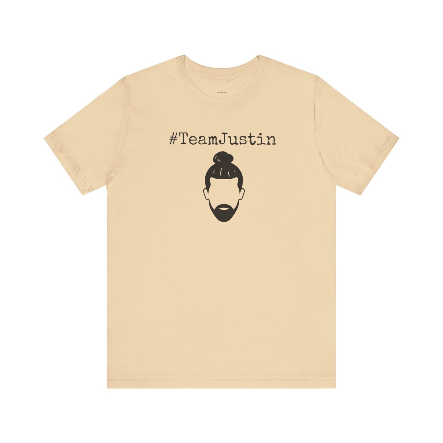 Beige t-shirt with '#TeamJustin' text and graphic 