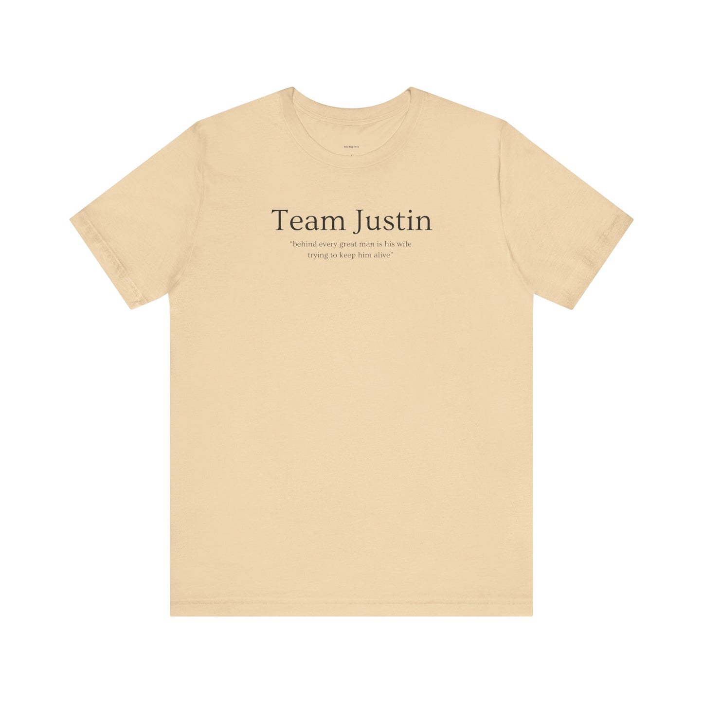 Beige t-shirt with 'Team Justin 