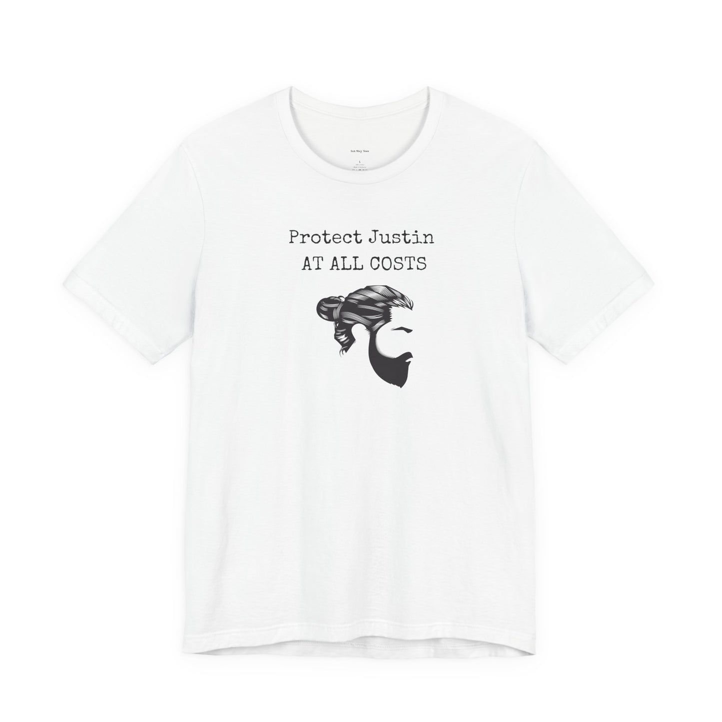 White t-shirt with graphic design and text  