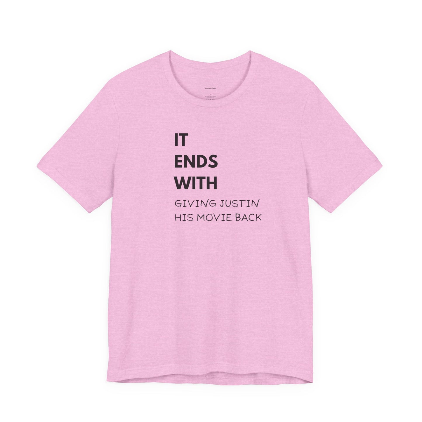 Pink t-shirt with black text 