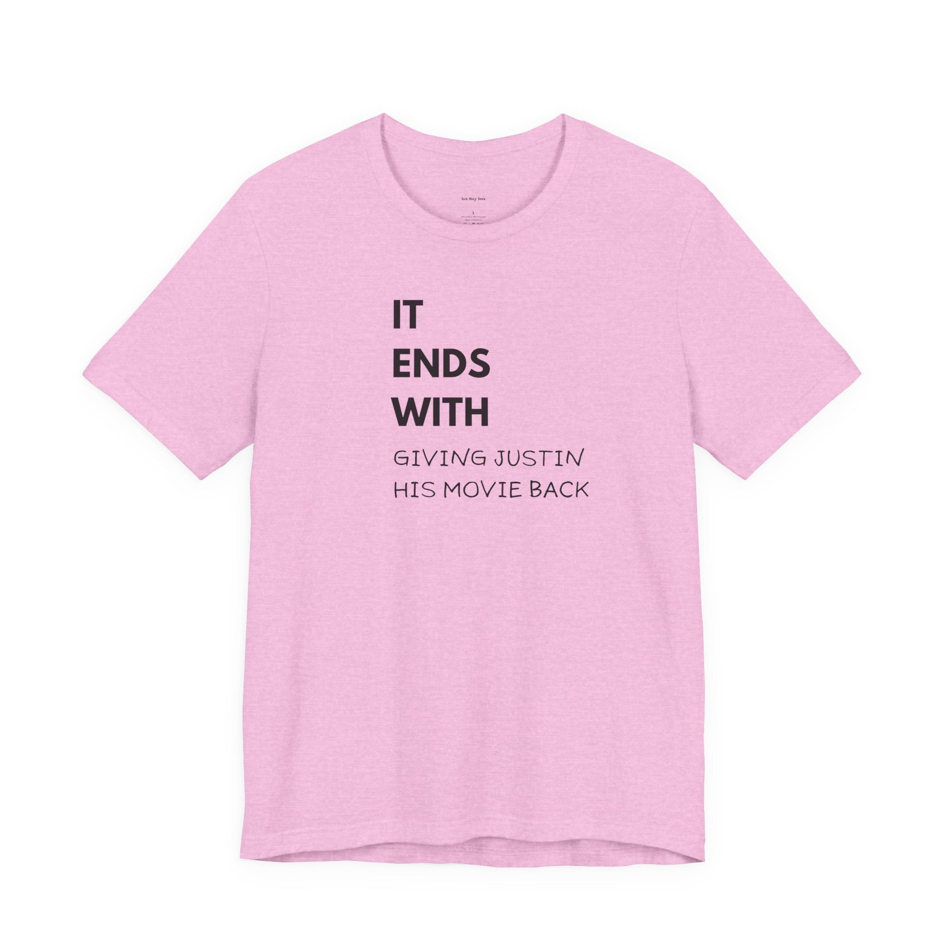 Pink t-shirt with black text 