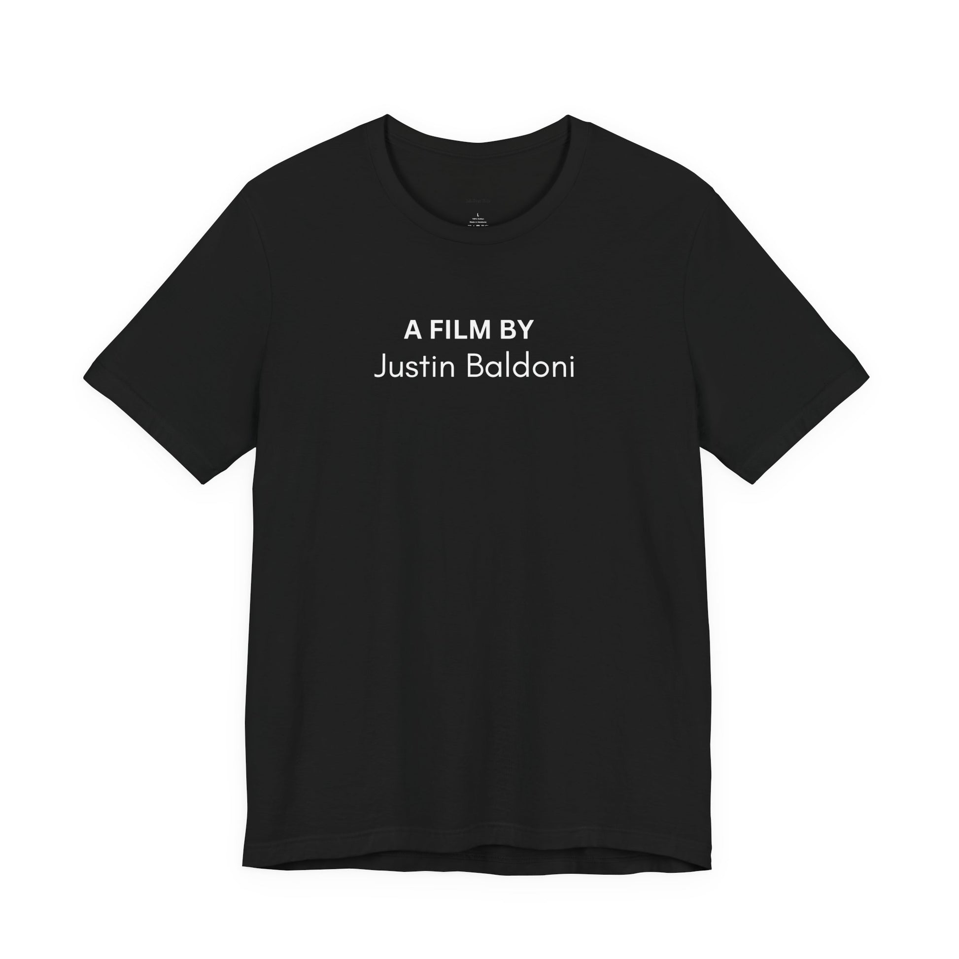 Black t-shirt with 'A Film by Justin Baldoni' text  