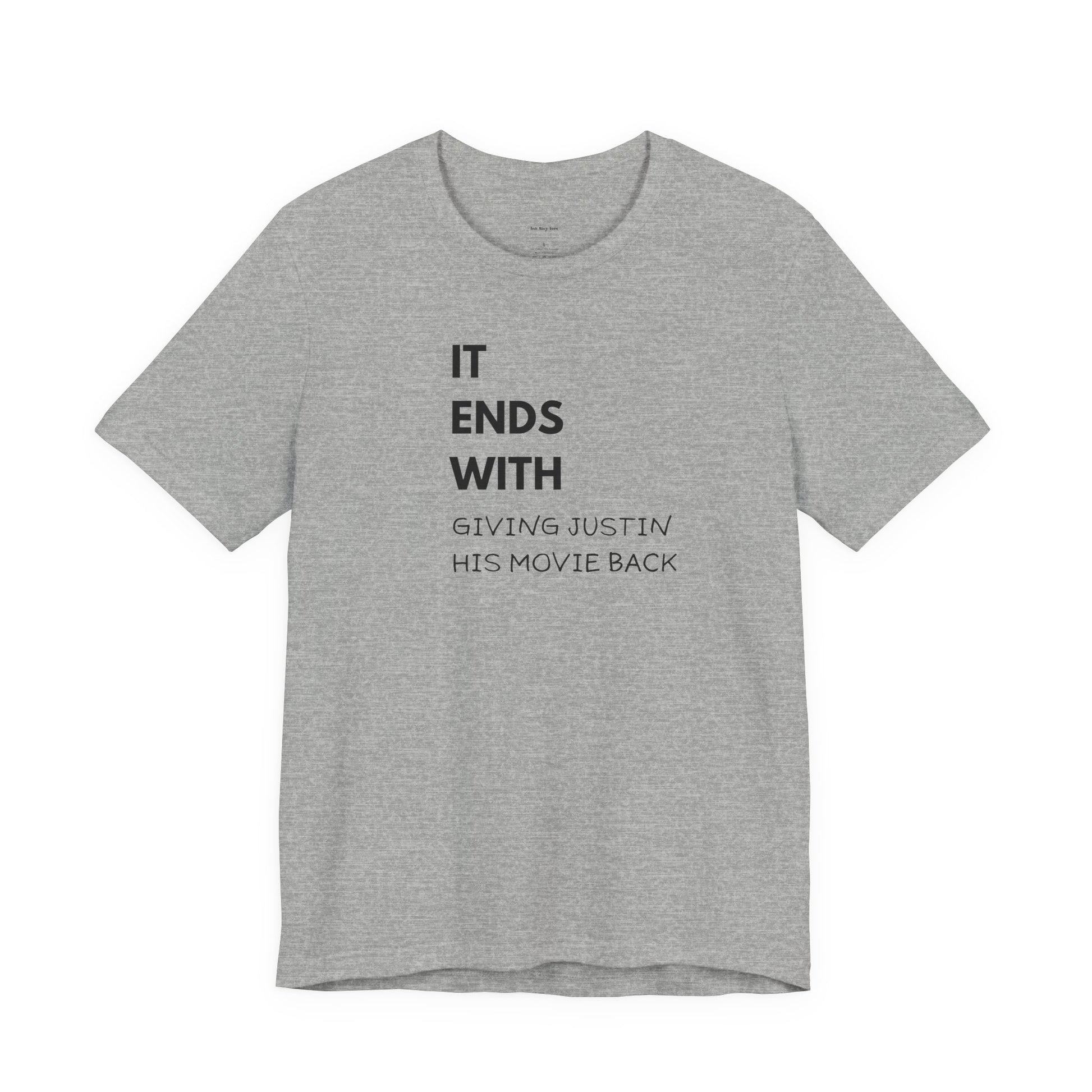 Gray t-shirt with black text  