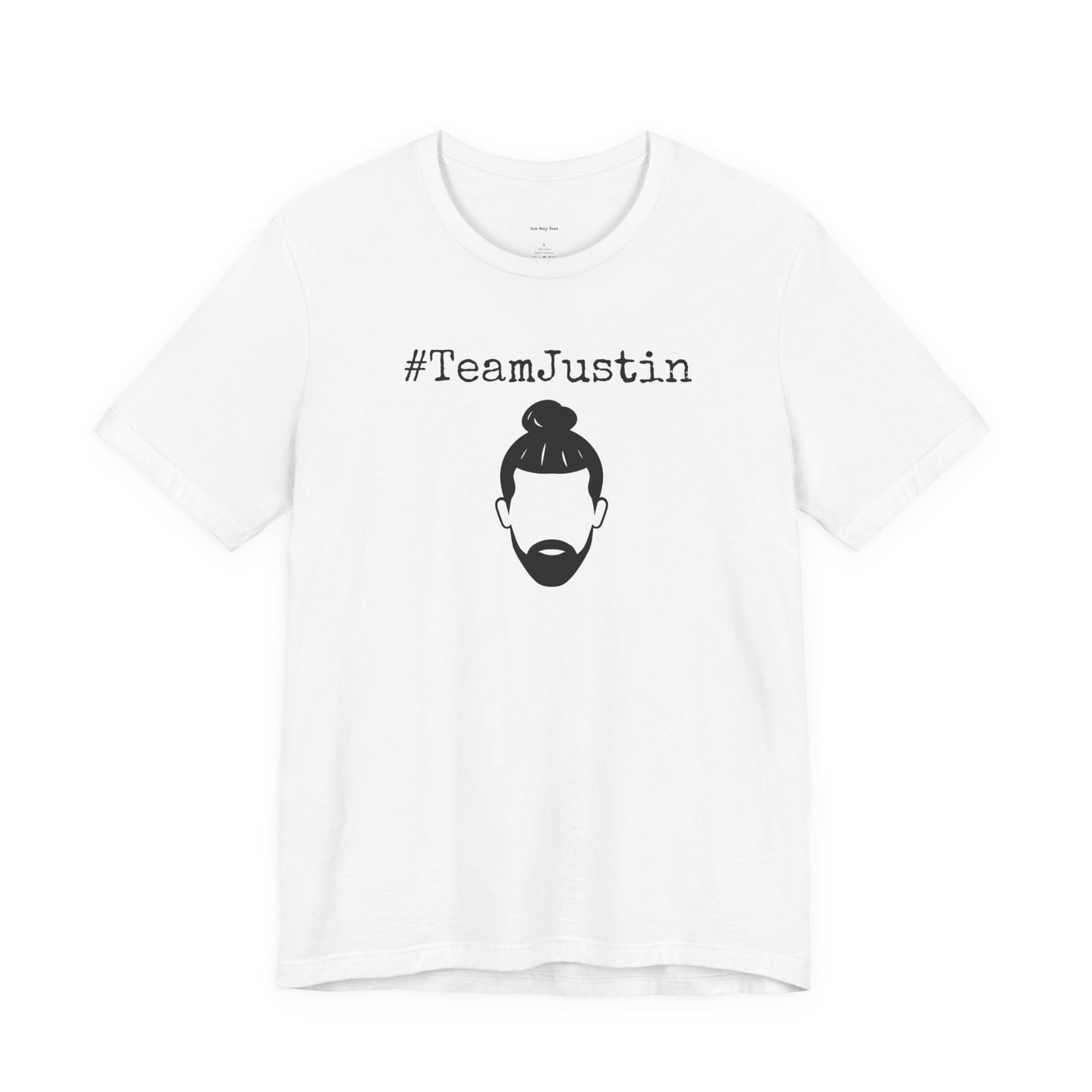 White t-shirt with '#TeamJustin' text and graphic 