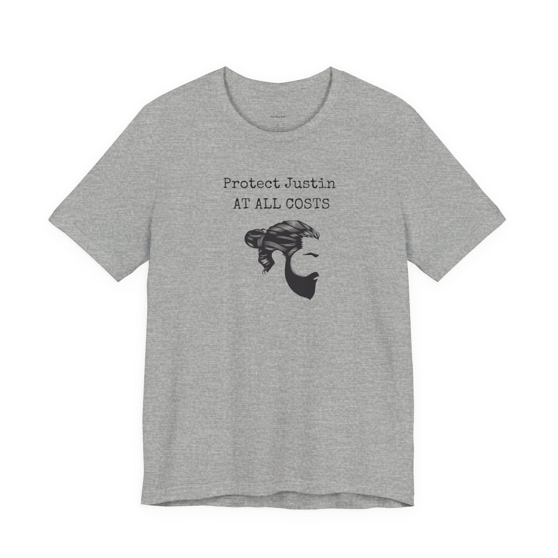Gray t-shirt with graphic and text 'Protect Justin AT ALL COSTS'  