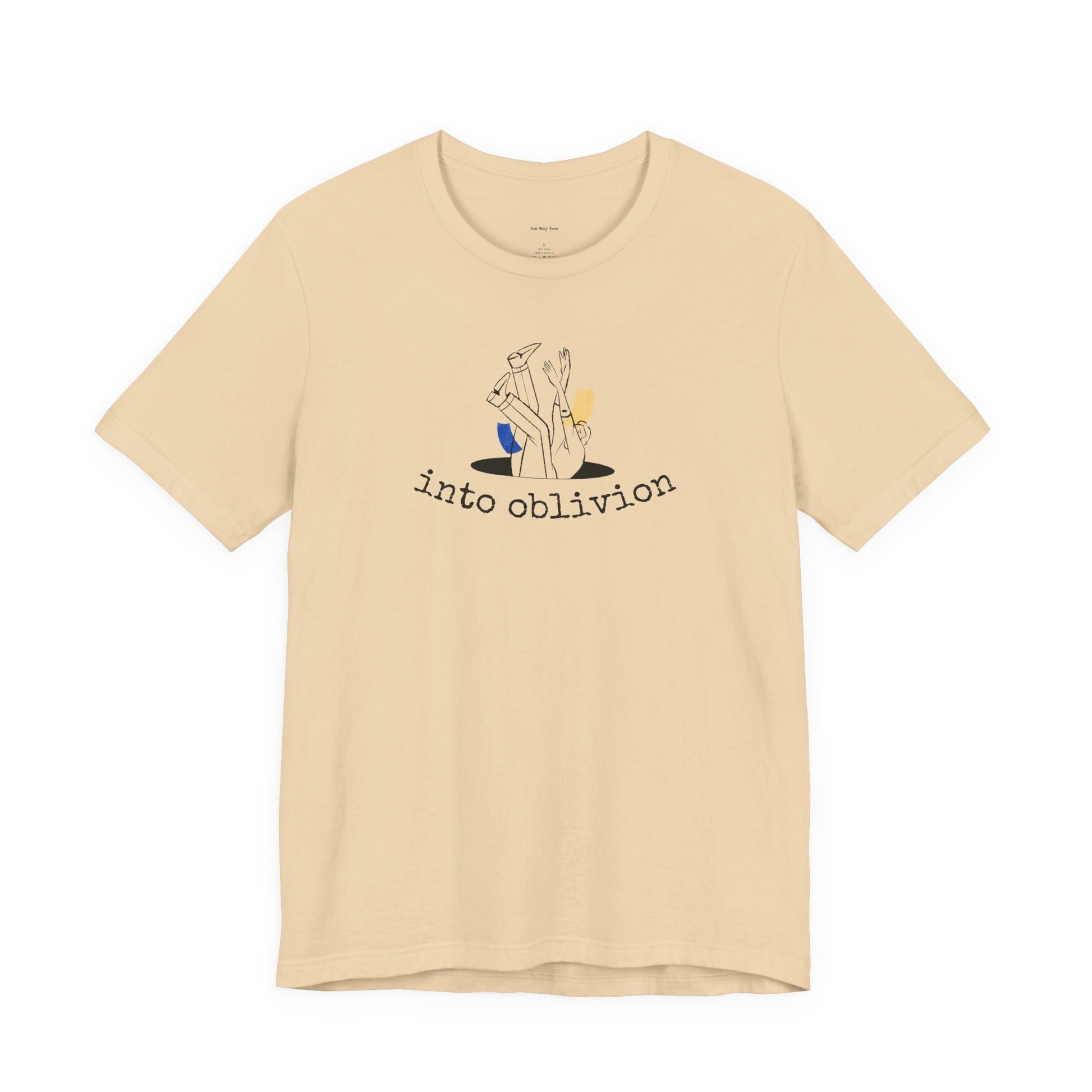 Beige t-shirt with graphic design and text  