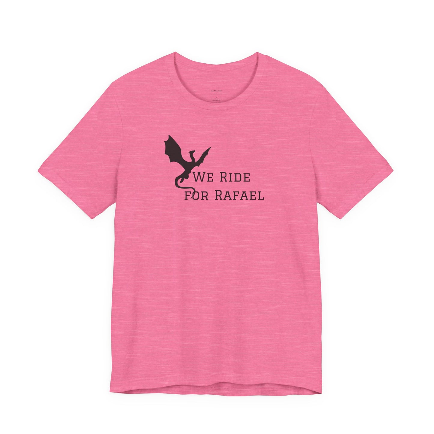 Pink t-shirt with black text and dragon graphic  