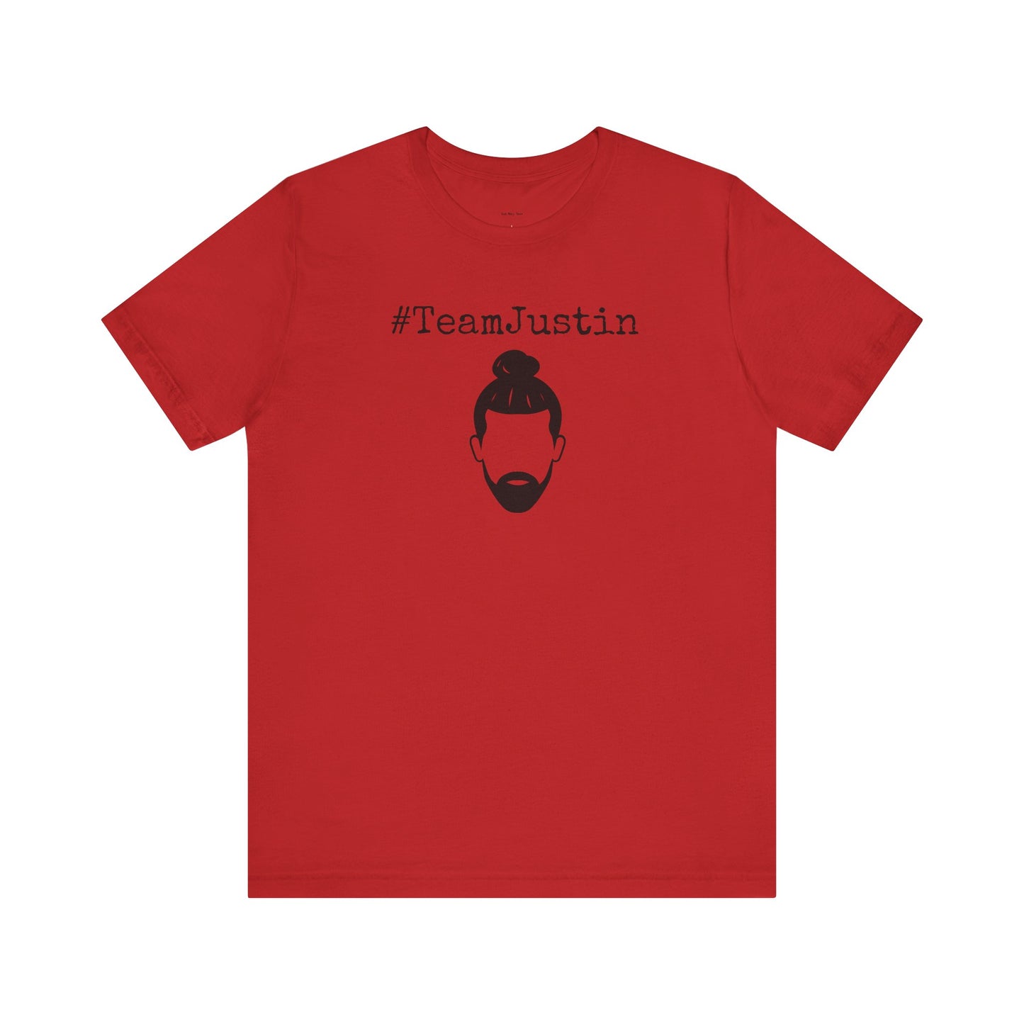 Red t-shirt with '#TeamJustin' text and graphic  