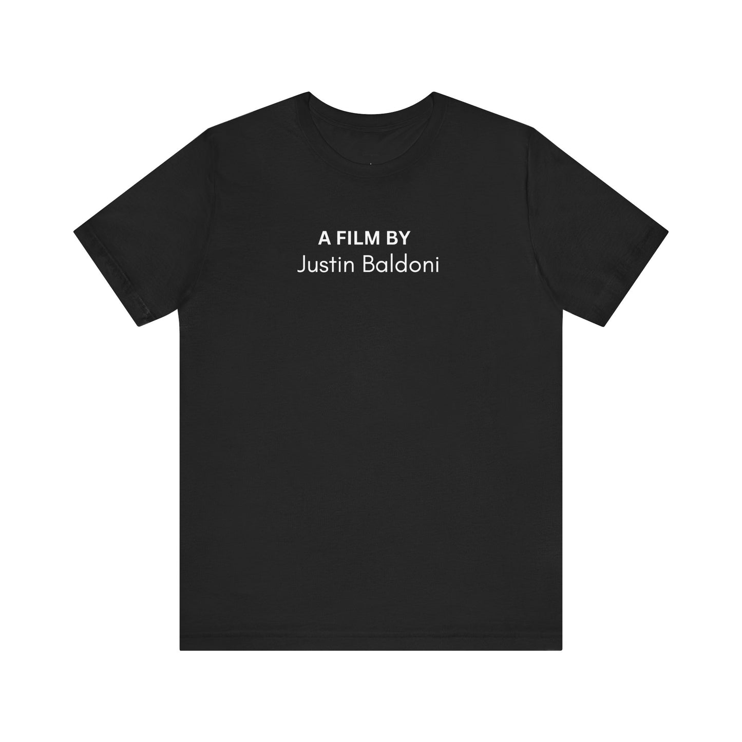 Black t-shirt with 'A Film By Justin Baldoni' text  