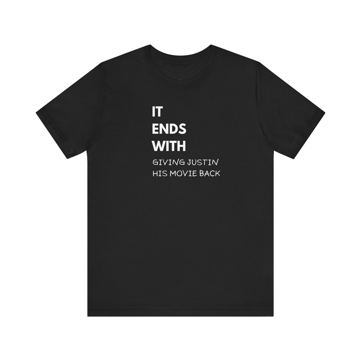Black t-shirt with white text  
