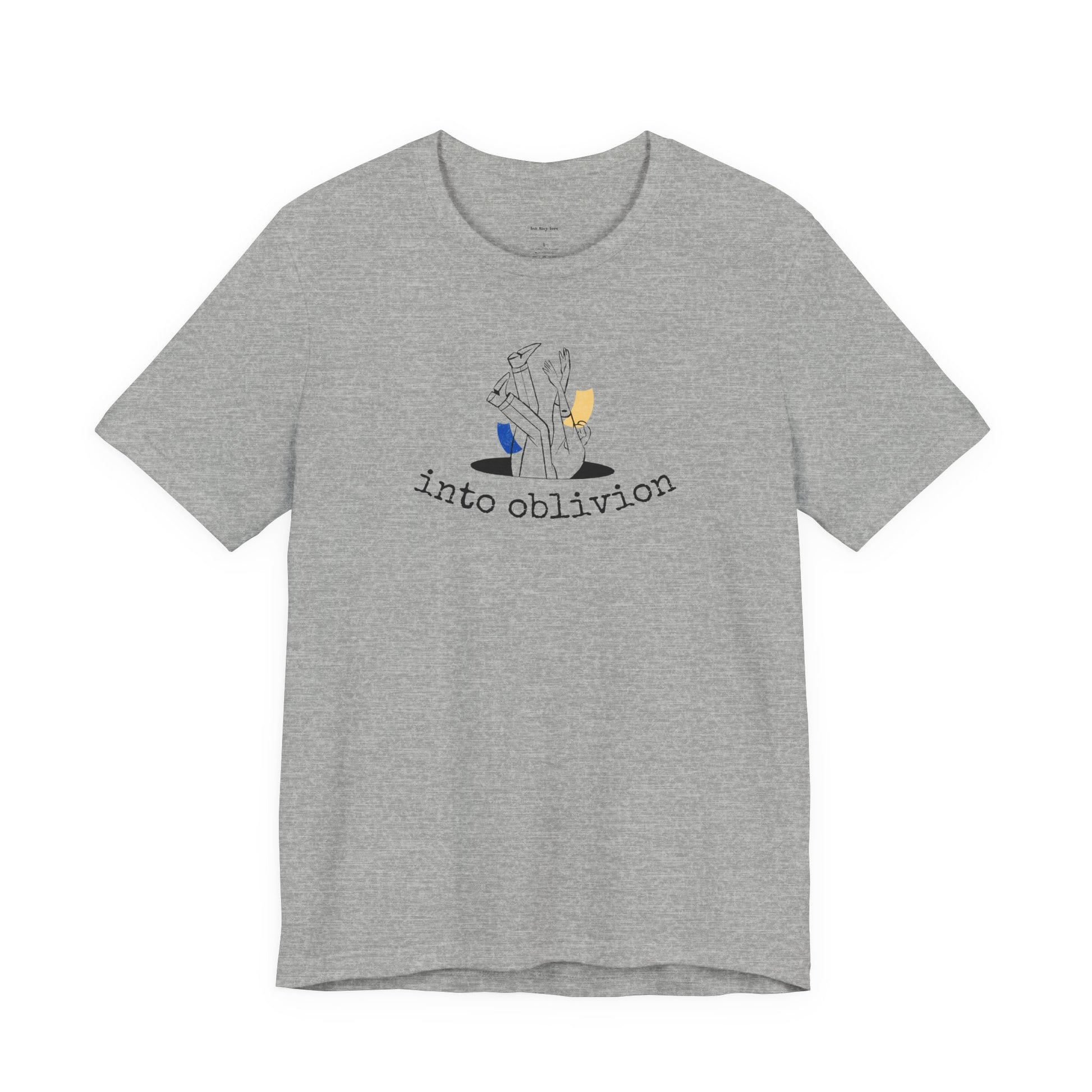 Gray t-shirt with a graphic design and text  