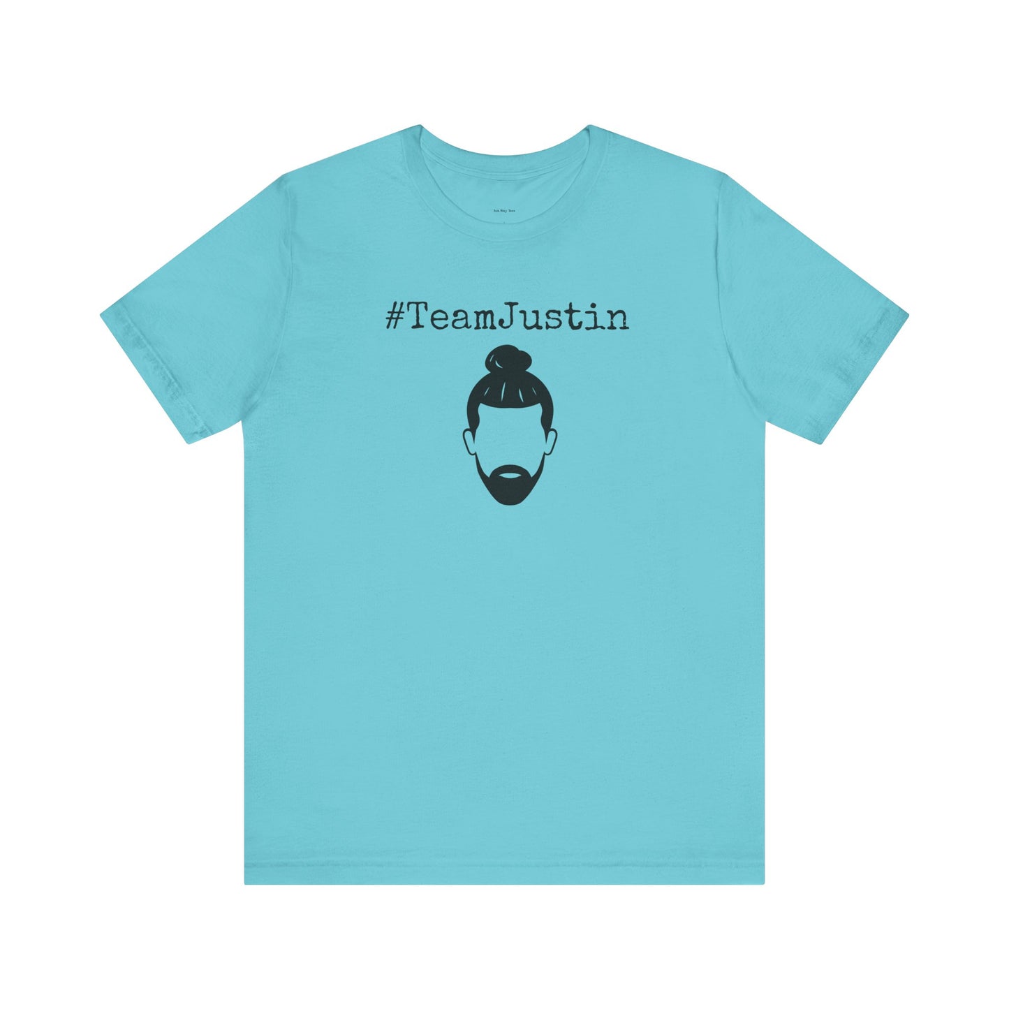 Light blue t-shirt with '#TeamJustin' text and graphic 
