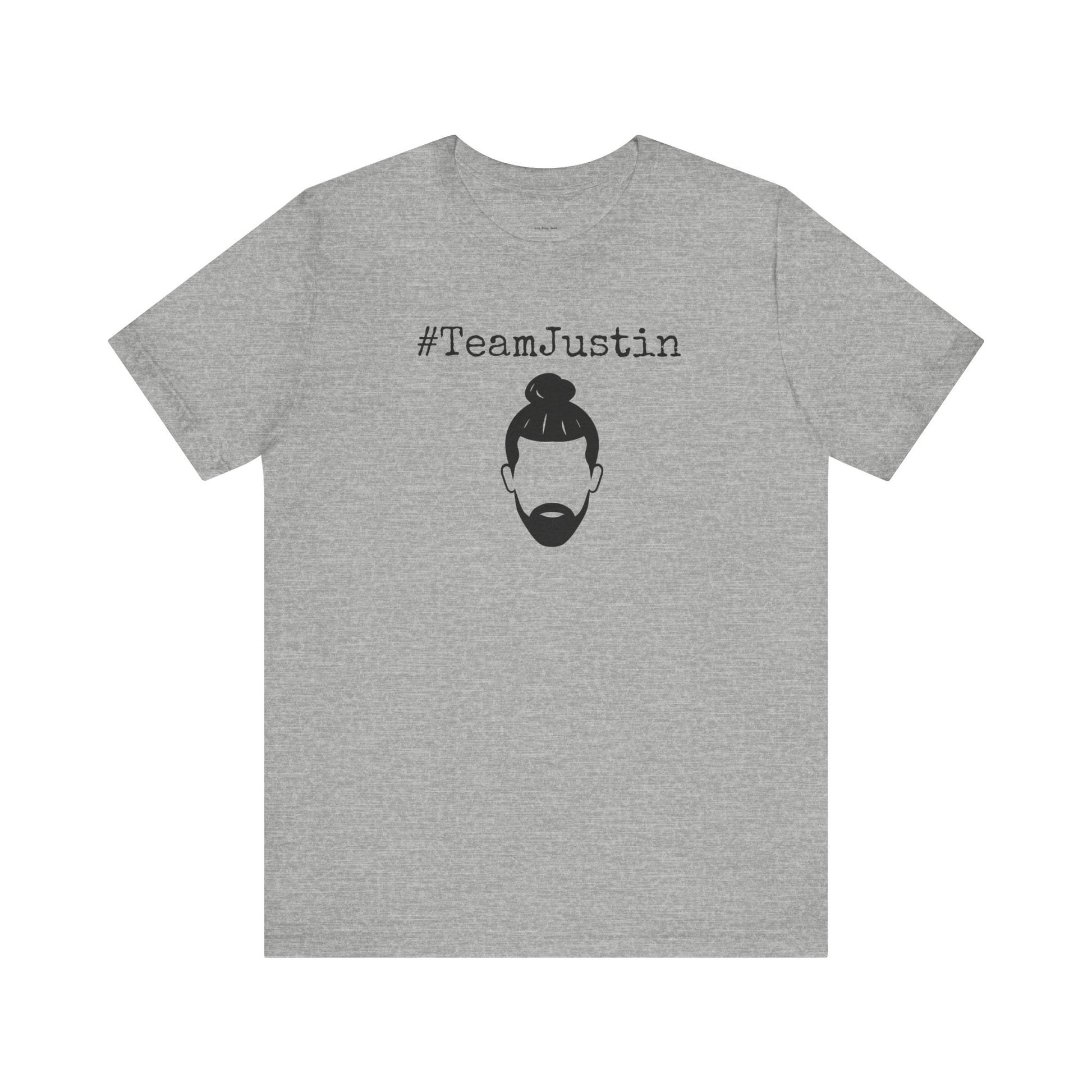 Gray t-shirt with '#TeamJustin' text and a graphic of a man with a bun and beard  