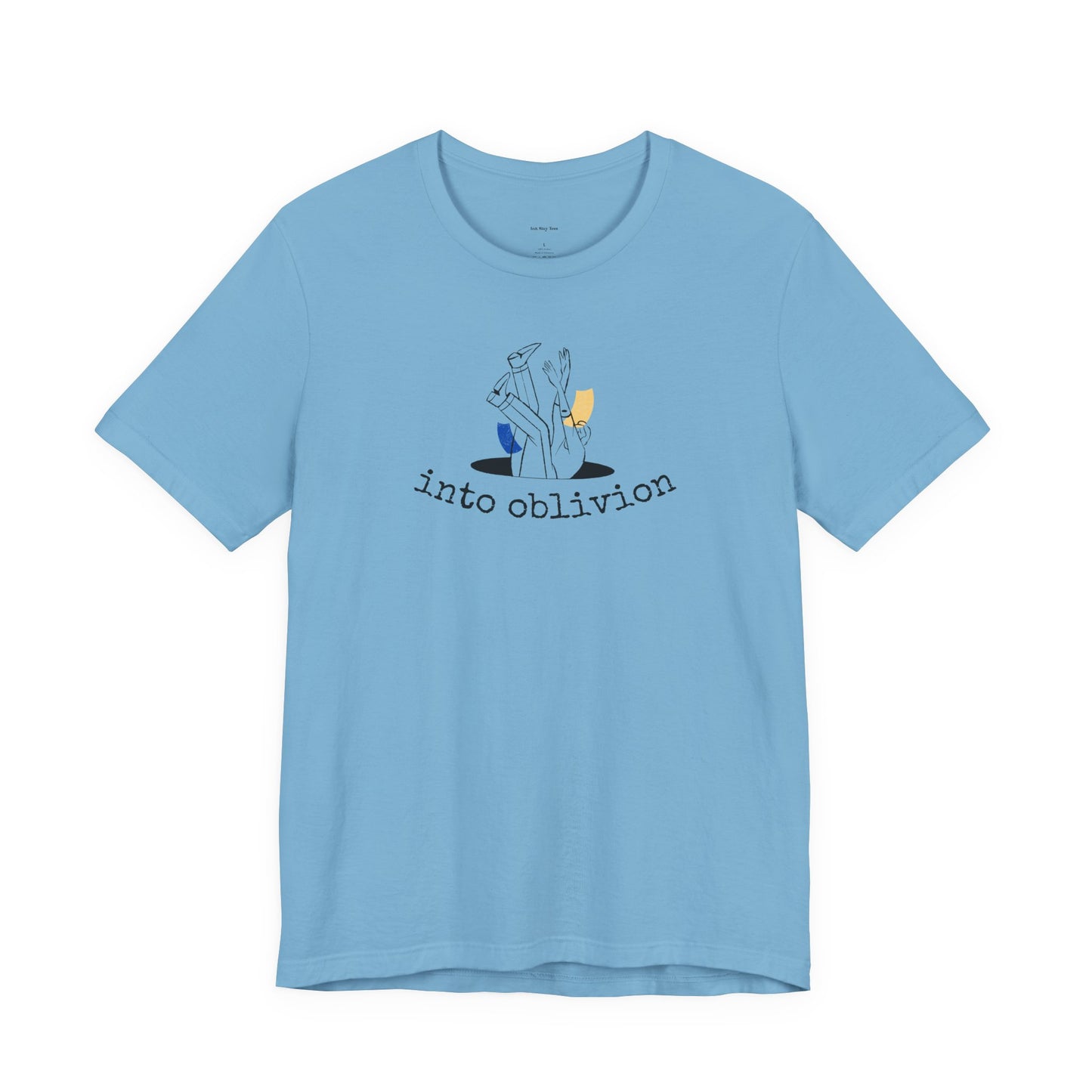 Light blue t-shirt with graphic design and text  