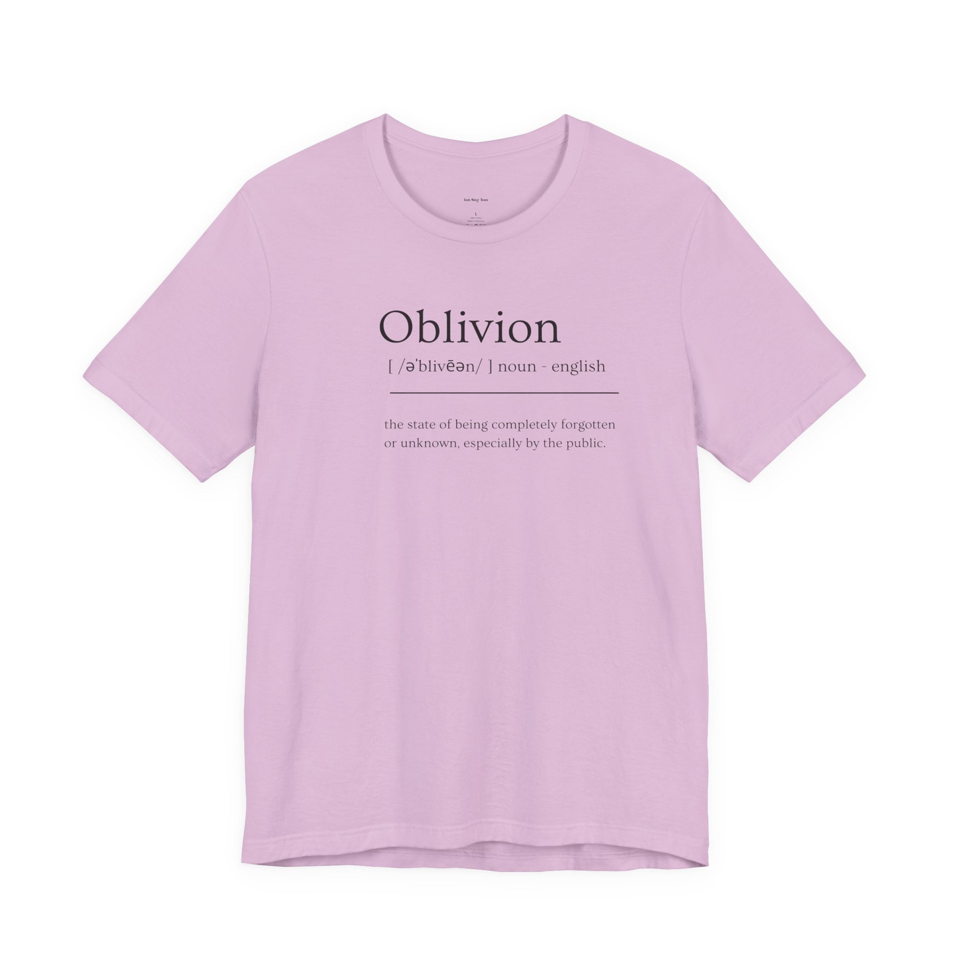 Pink t-shirt with 'Oblivion' definition text  