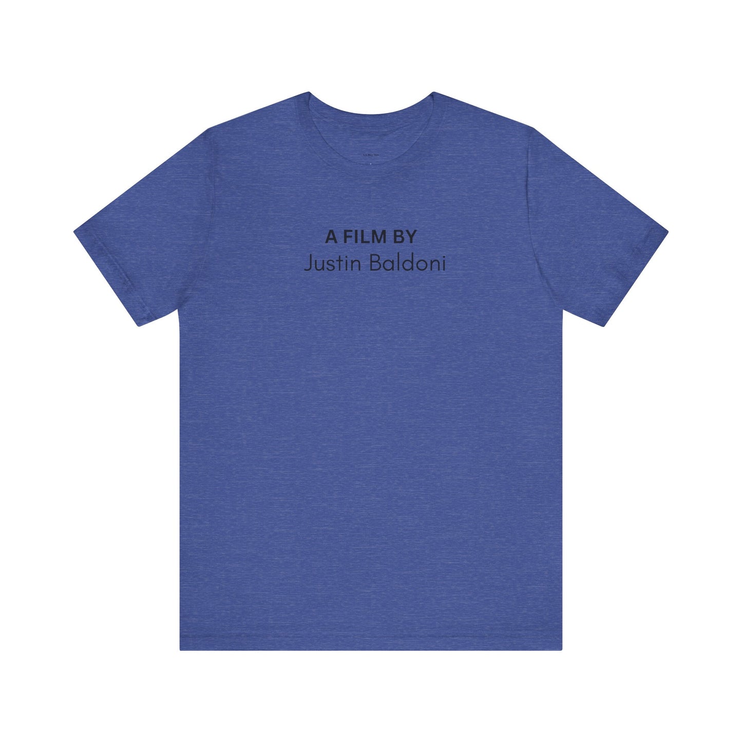 Blue t-shirt with text 'A Film by Justin Baldoni'  