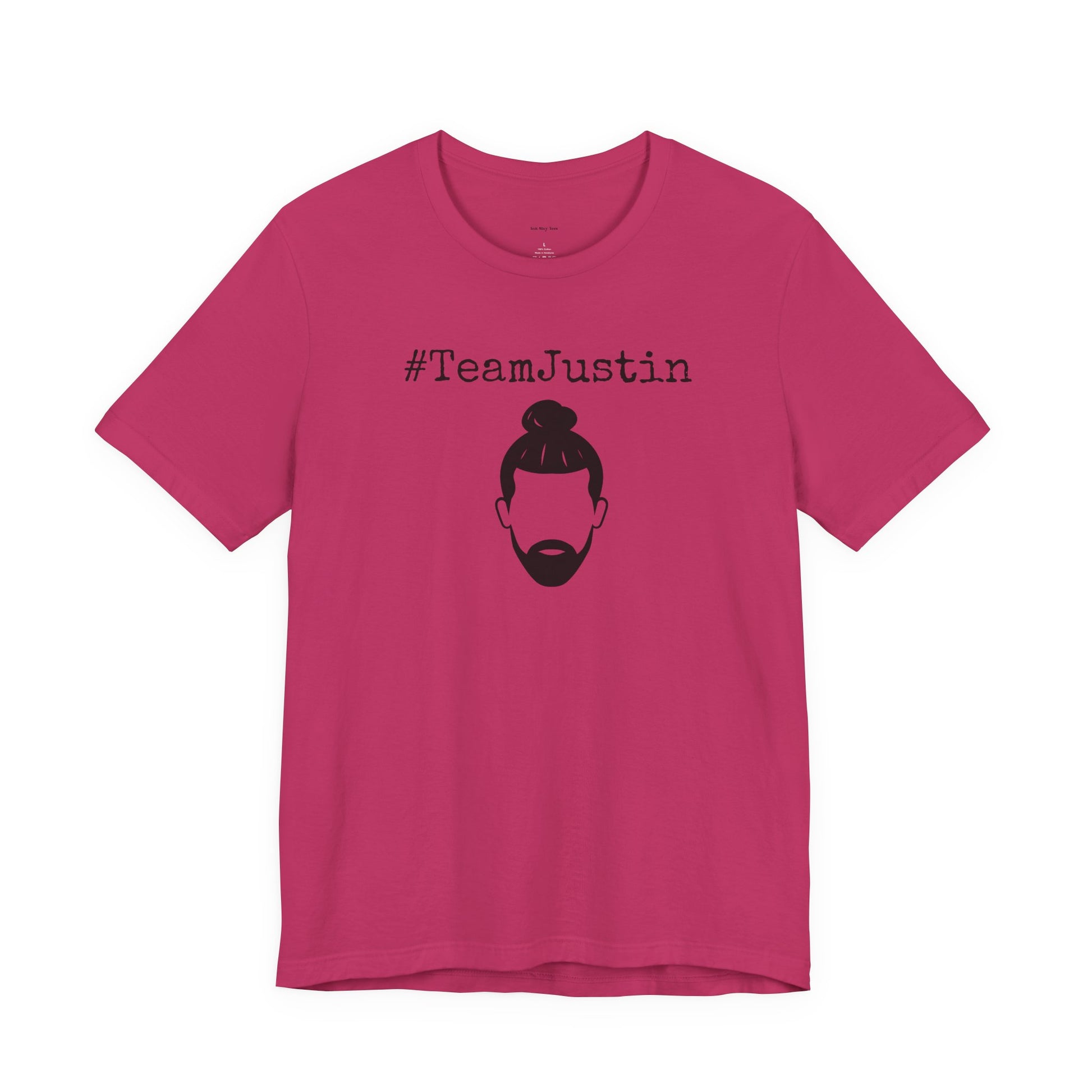 Pink t-shirt with '#TeamJustin' text and graphic 