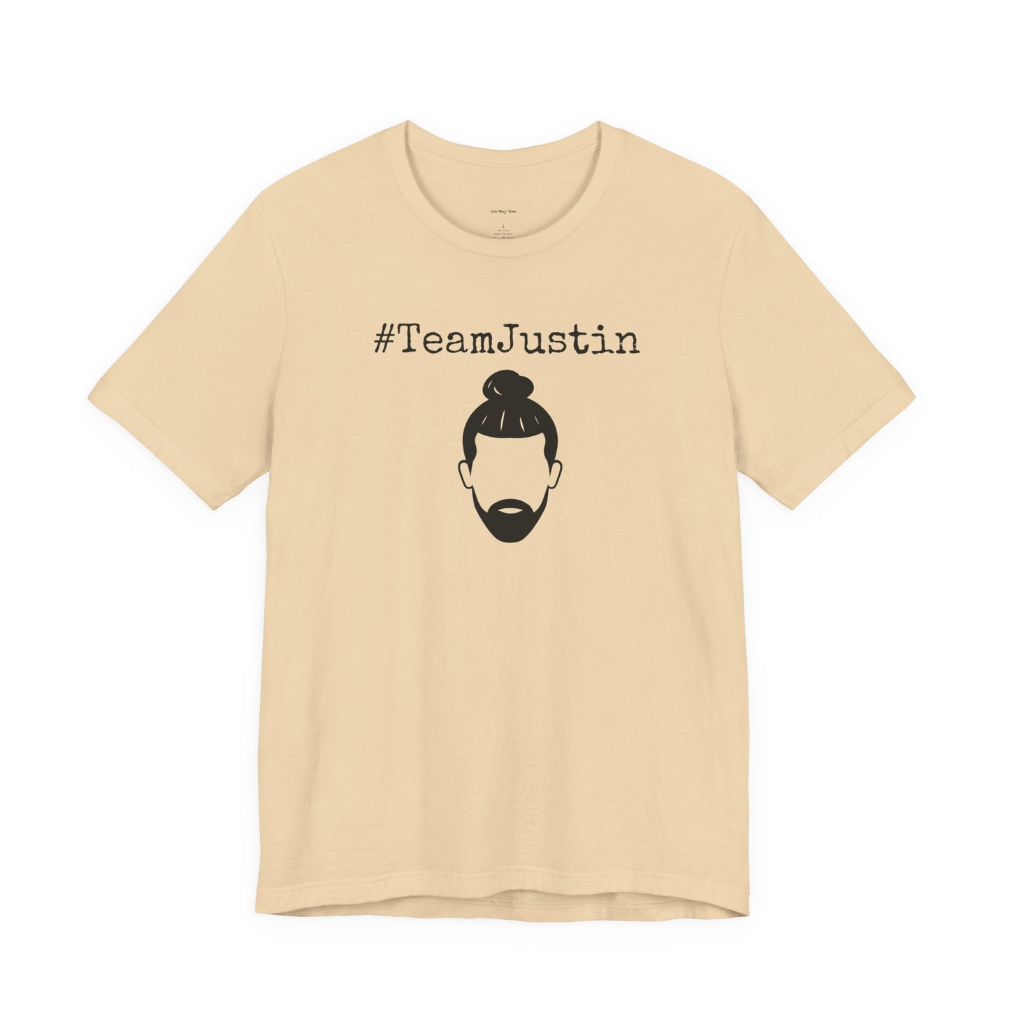 Beige t-shirt with '#TeamJustin' text and graphic  