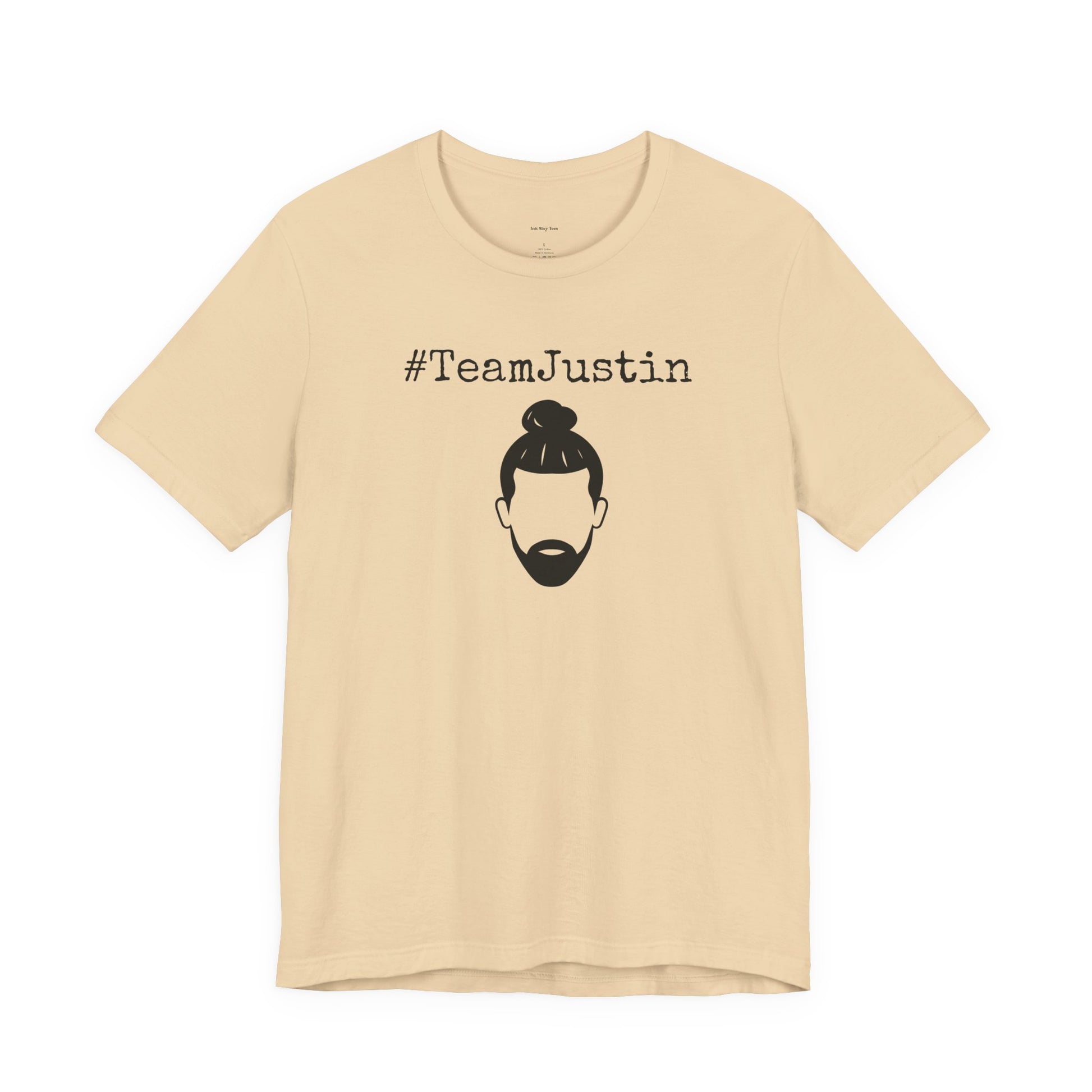 Beige t-shirt with '#TeamJustin' text and graphic  
