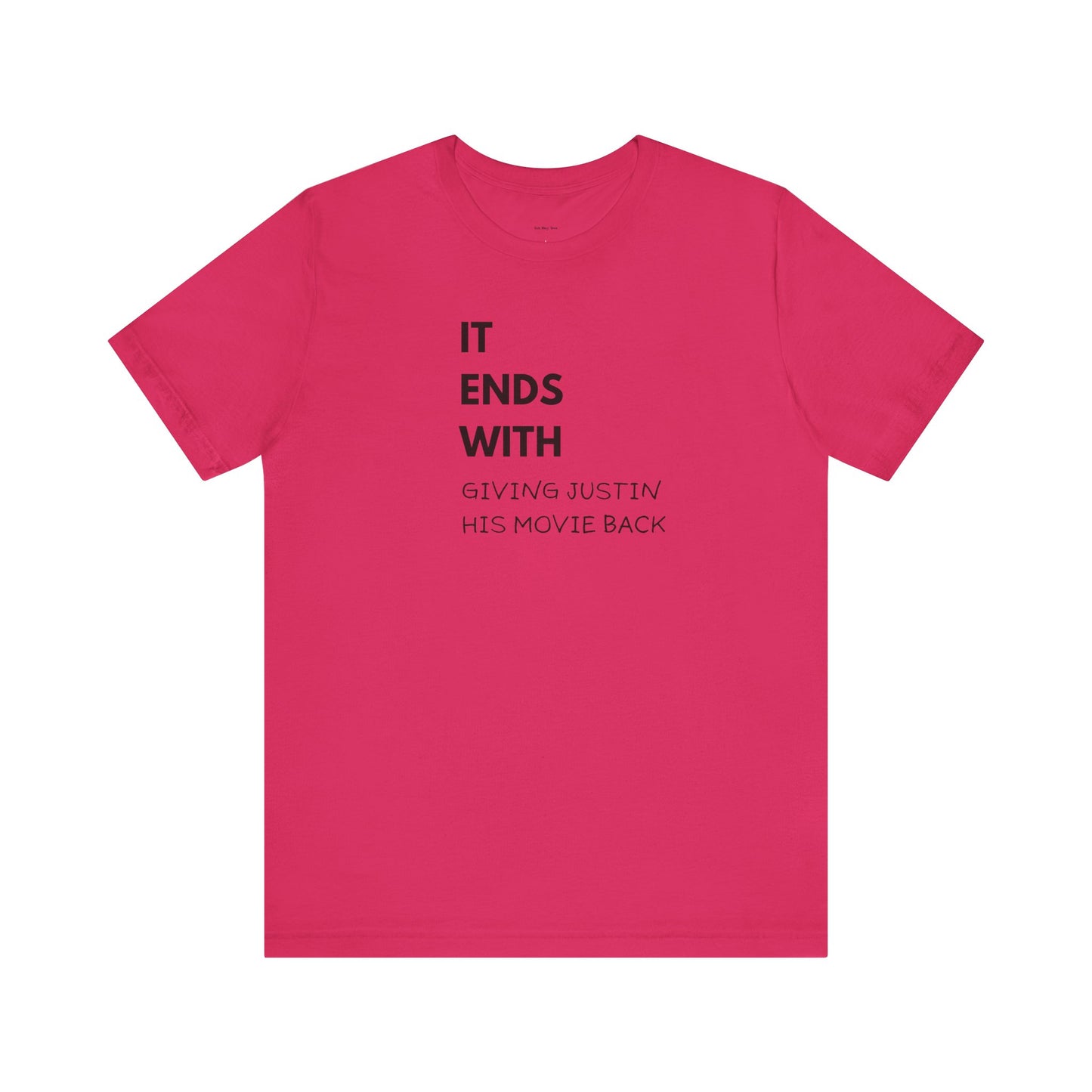 Pink t-shirt with black text  