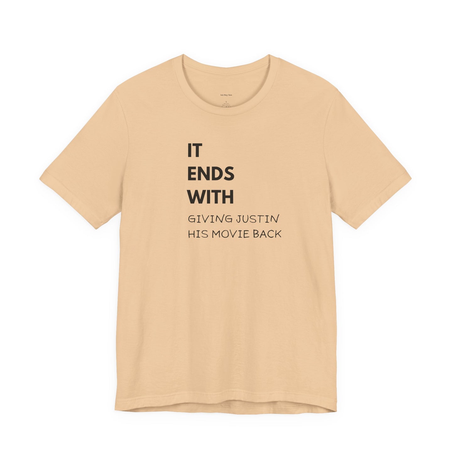 Beige t-shirt with black text  