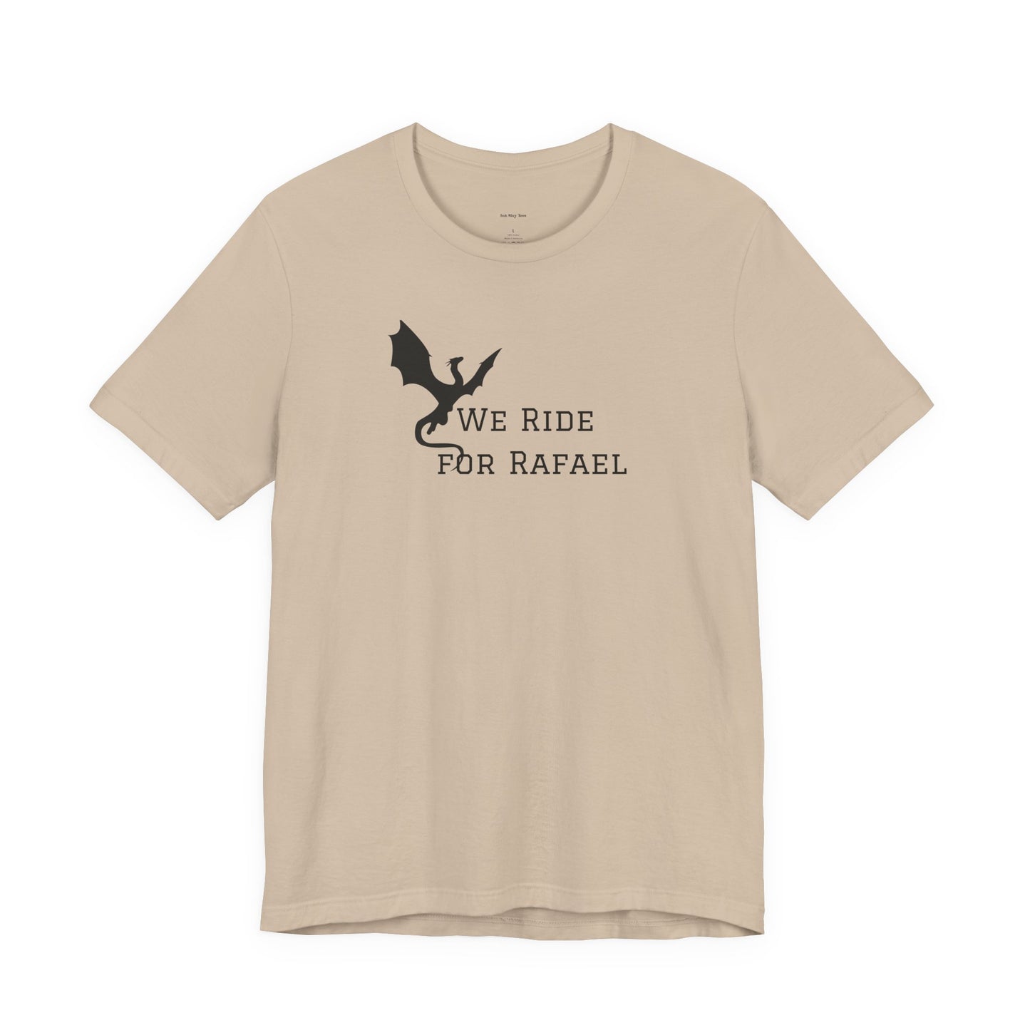 Beige t-shirt with black dragon graphic and text 