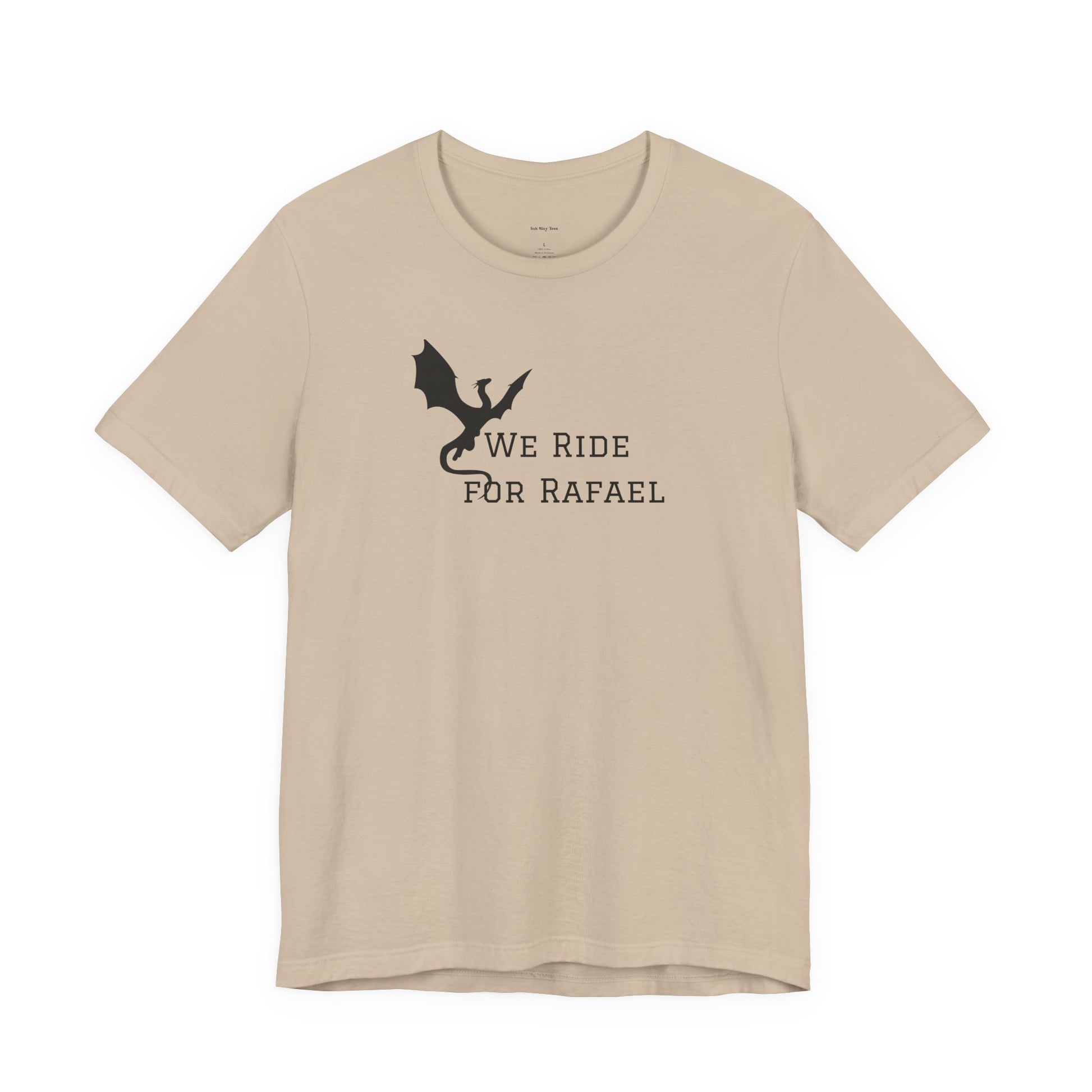 Beige t-shirt with black dragon graphic and text 