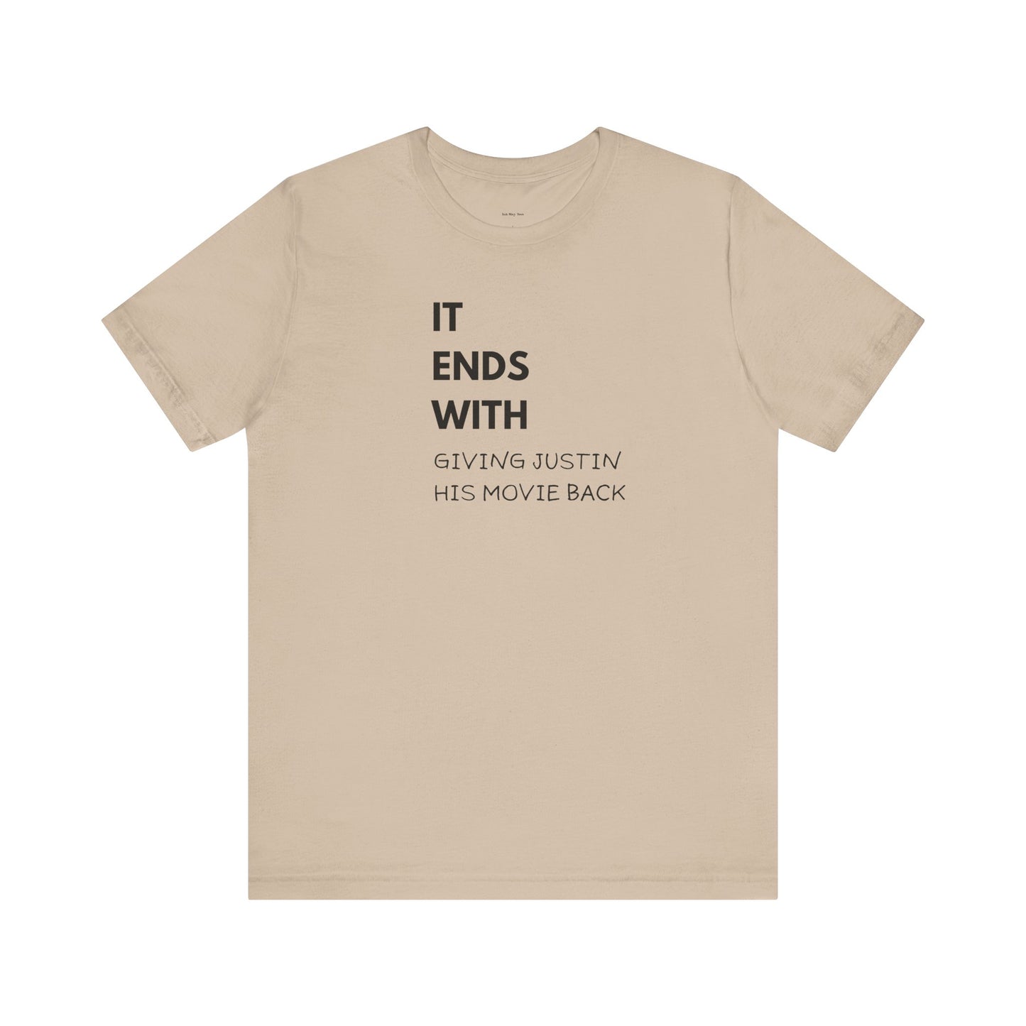 Beige t-shirt with black text  
