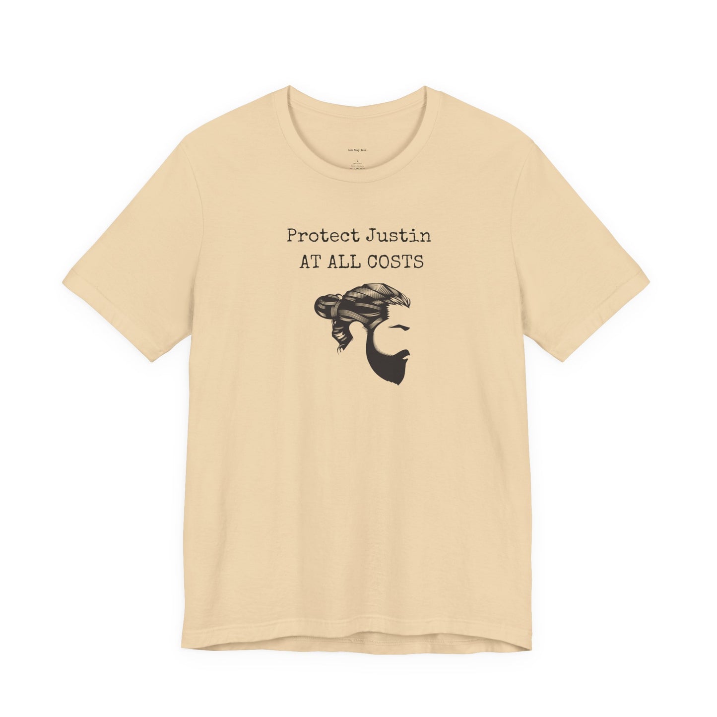 Beige t-shirt with graphic and text 'Protect Justin AT ALL COSTS'  