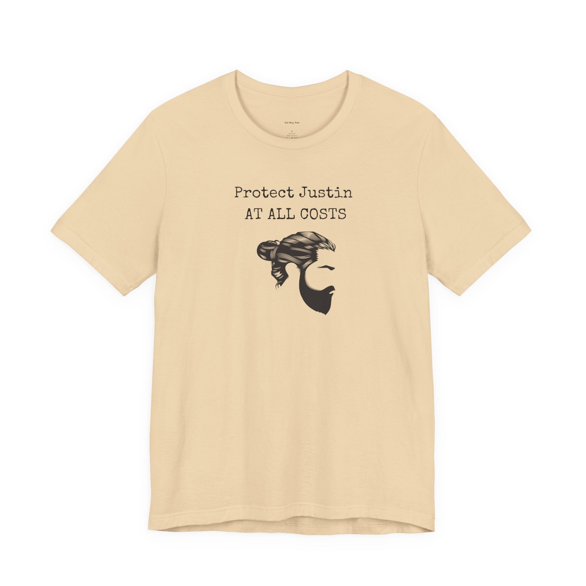 Beige t-shirt with graphic and text 'Protect Justin AT ALL COSTS'  