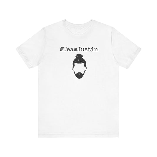 White t-shirt with '#TeamJustin' text and graphic  