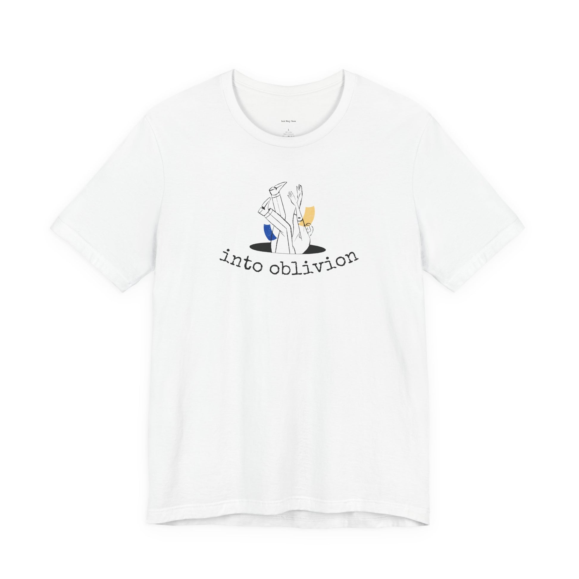 White t-shirt with graphic design and text  