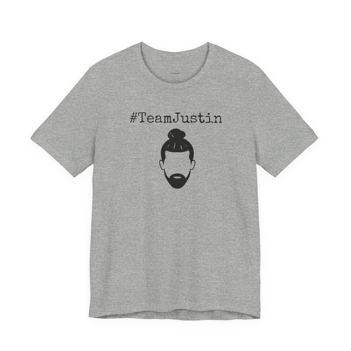 Gray t-shirt with '#TeamJustin' text and graphic 