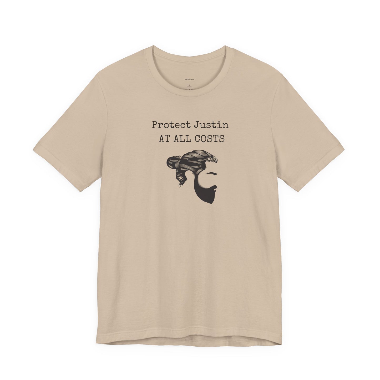 Beige t-shirt with graphic and text 'Protect Justin AT ALL COSTS 