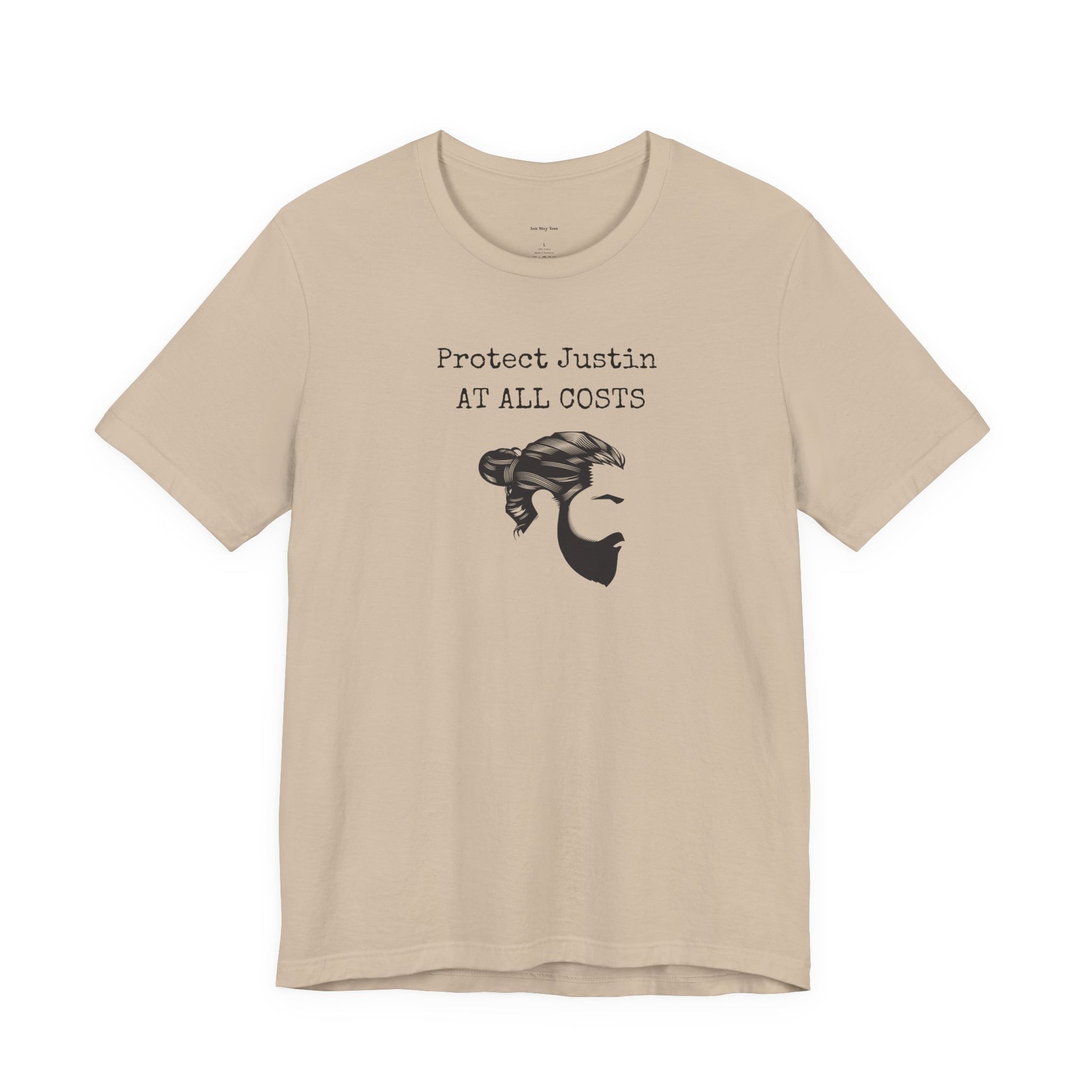 Beige t-shirt with graphic and text 'Protect Justin AT ALL COSTS 