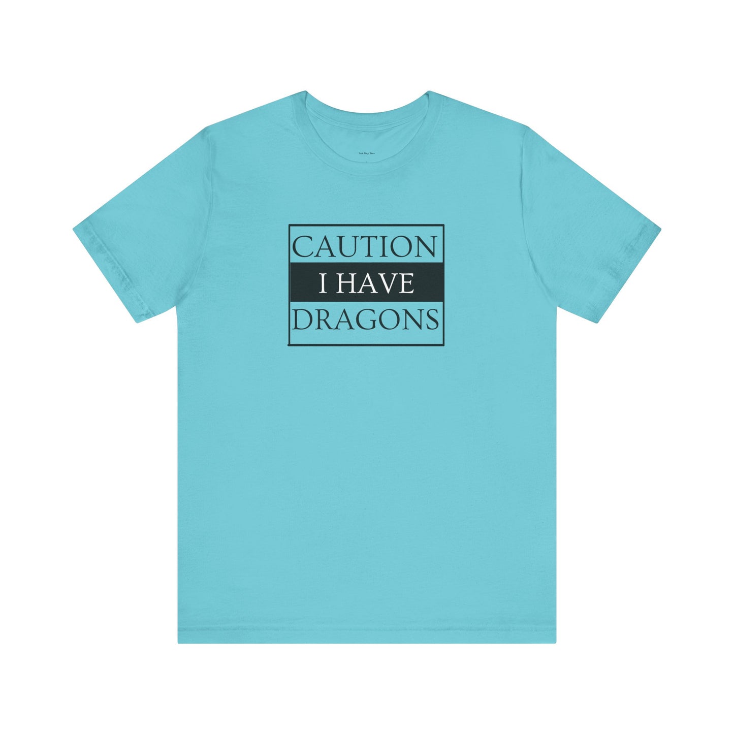 Light blue t-shirt with 'Caution I Have Dragons' text  