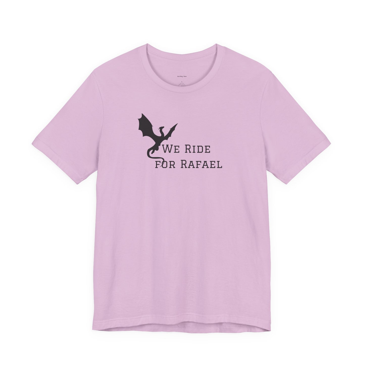 Pink t-shirt with black dragon graphic and text  