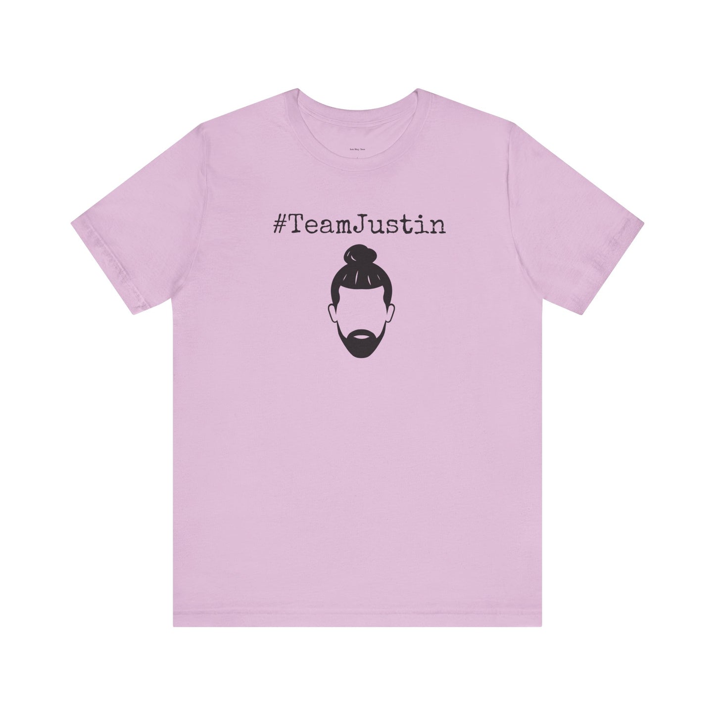 Light purple t-shirt with '#TeamJustin' text and graphic  