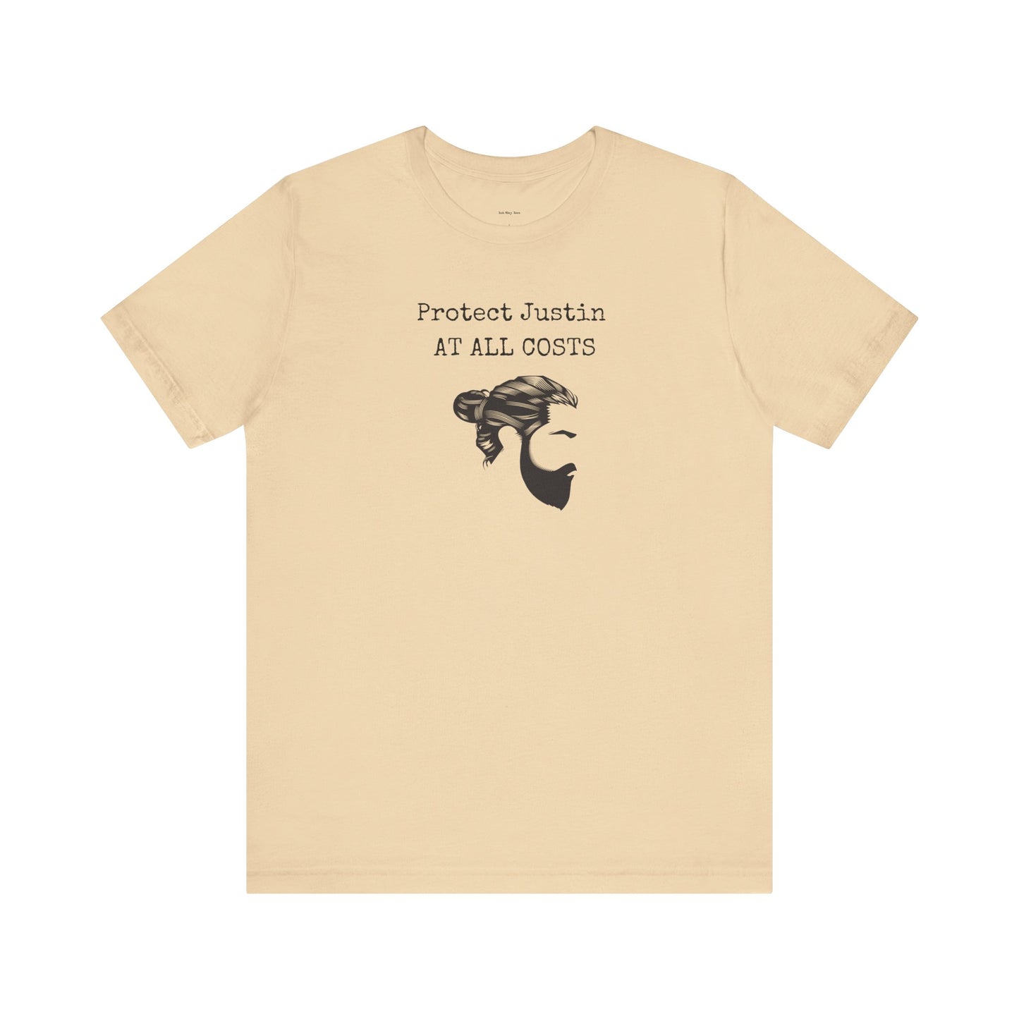 Beige t-shirt with graphic and text 'Protect Justin At All Costs' 