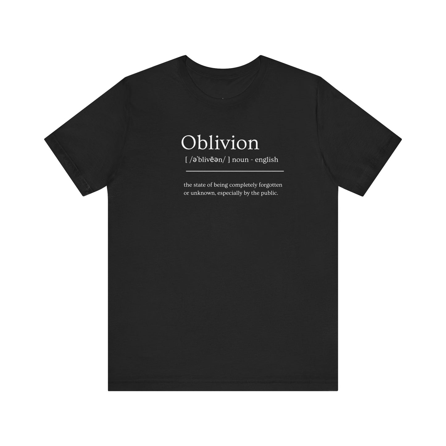Black t-shirt with white text  