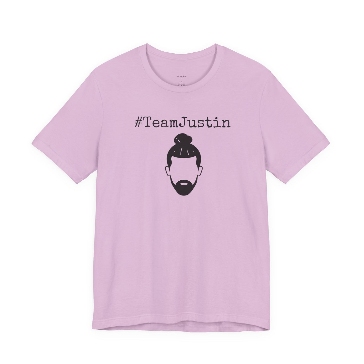 Pink t-shirt with '#TeamJustin' text and graphic 
