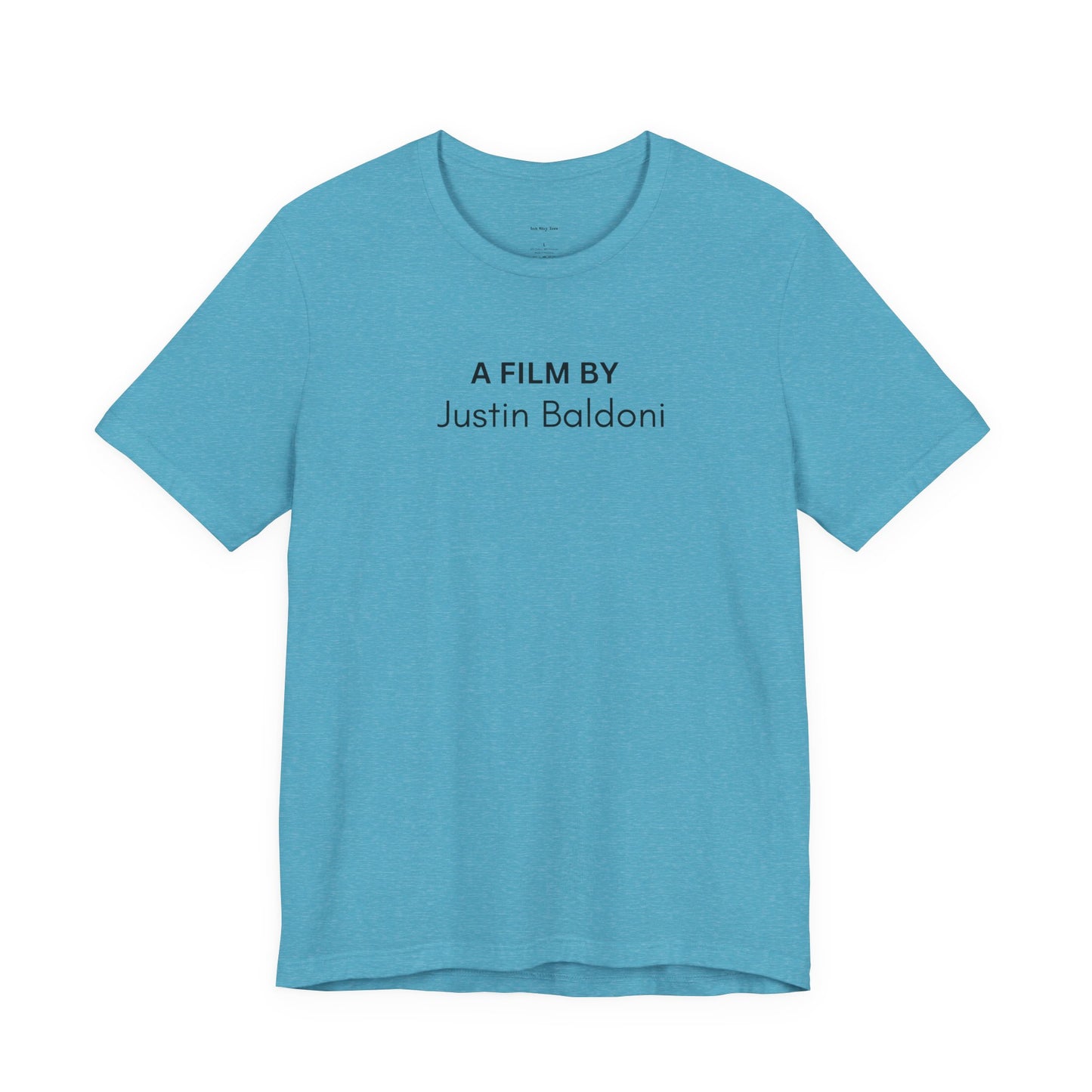 Blue t-shirt with 'A Film by Justin Baldoni'  